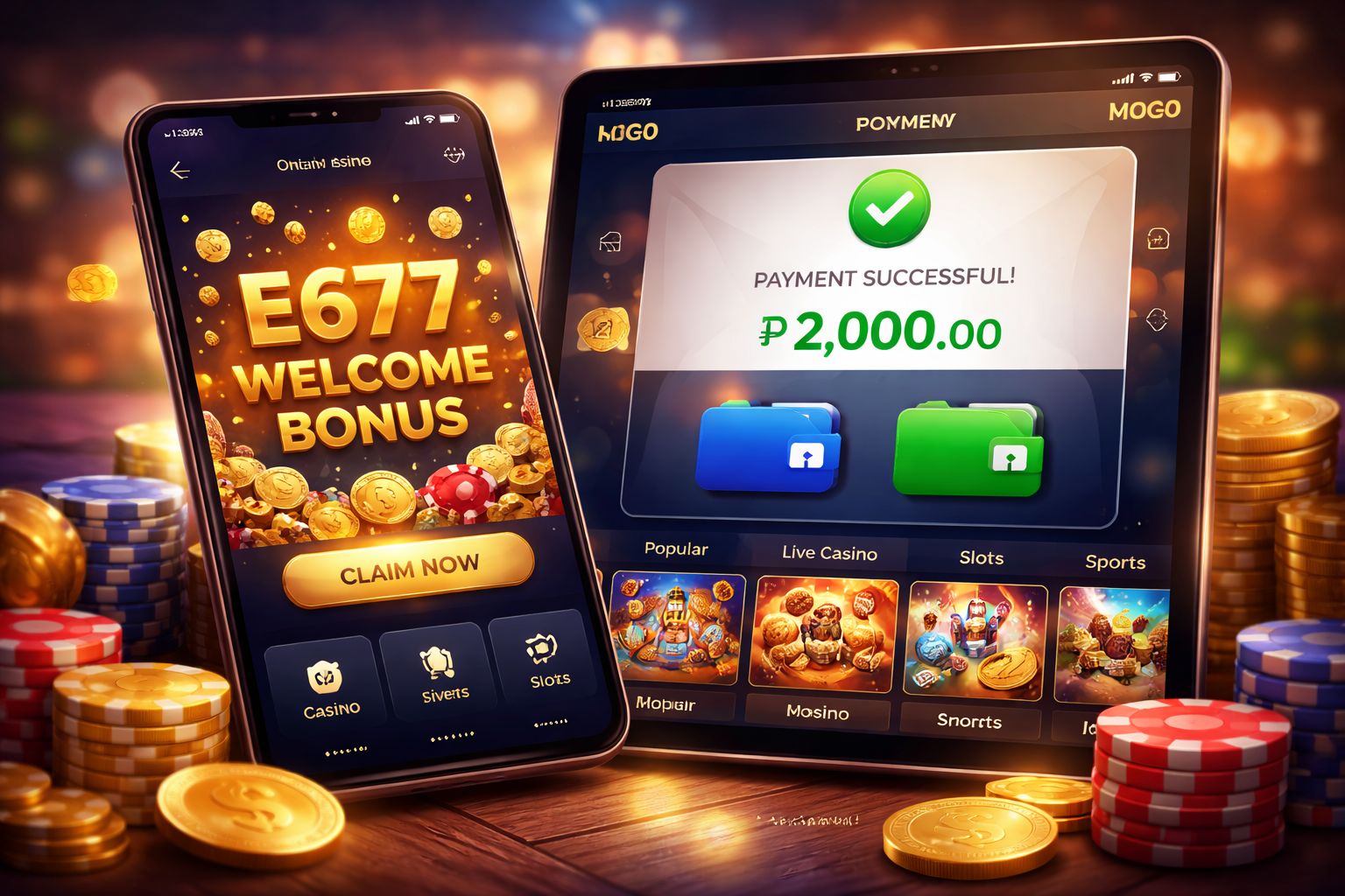 E677 mobile gaming interface with GCash payment confirmation