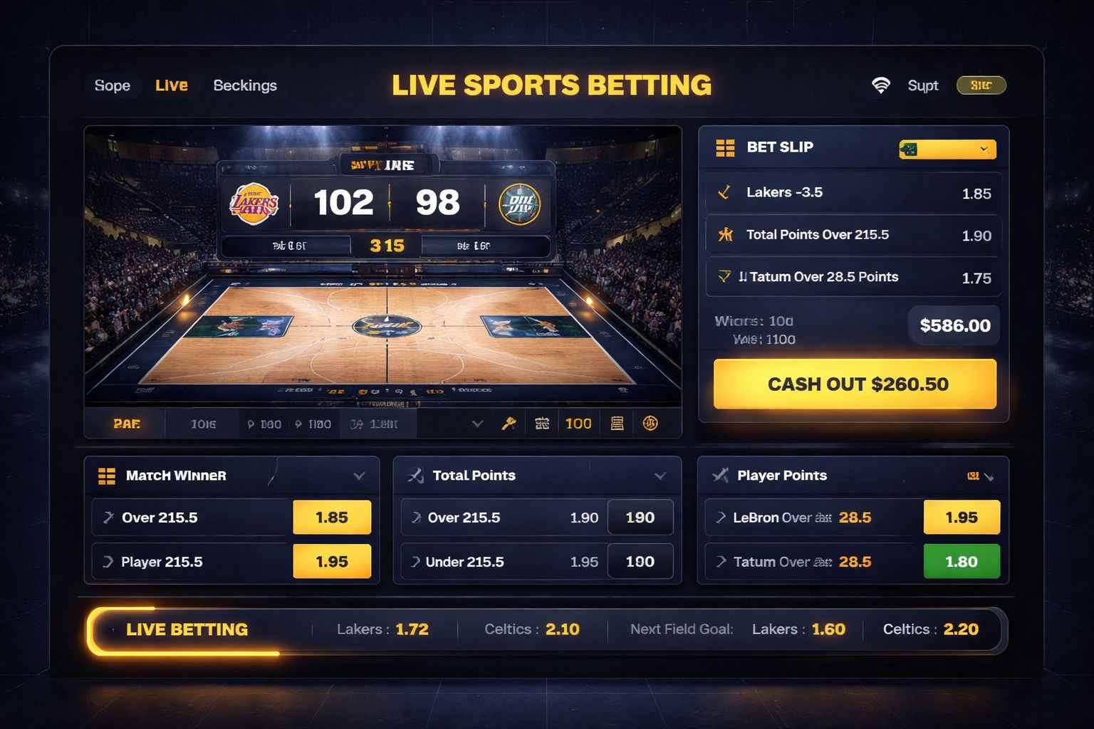 E677 live basketball betting interface with stats and cash-out options