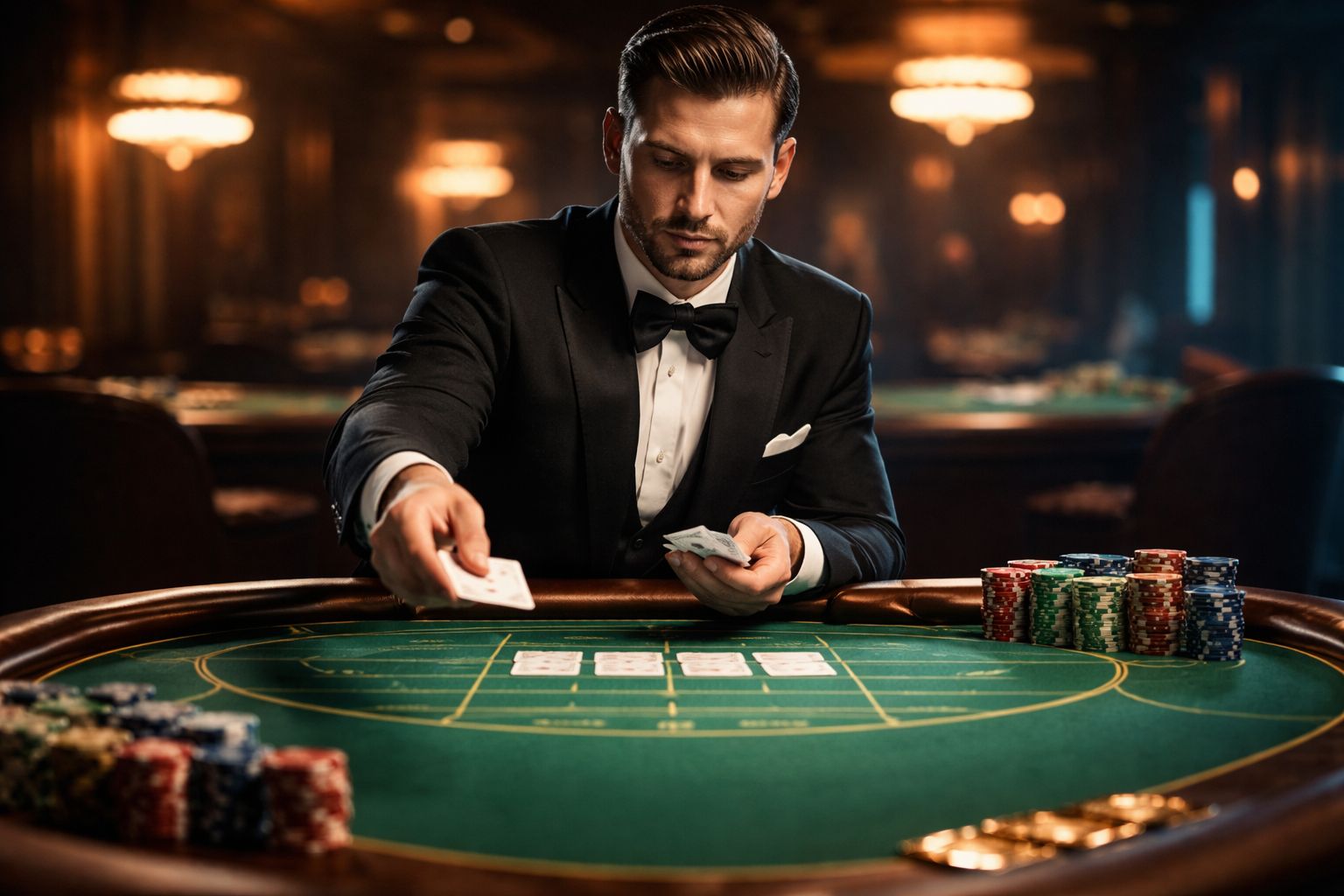 Professional live casino studio with dealer table and digital betting screen