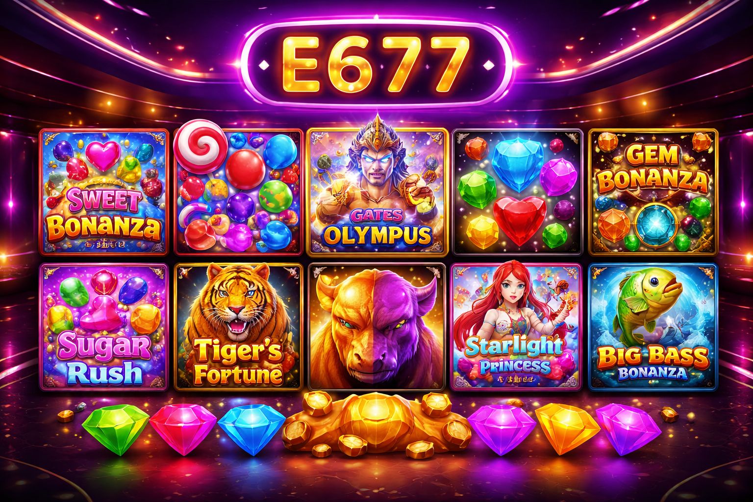 E677 slot reels with colorful jackpot game tiles