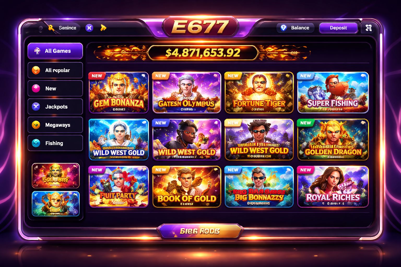E677 online slots dashboard showing popular reel games